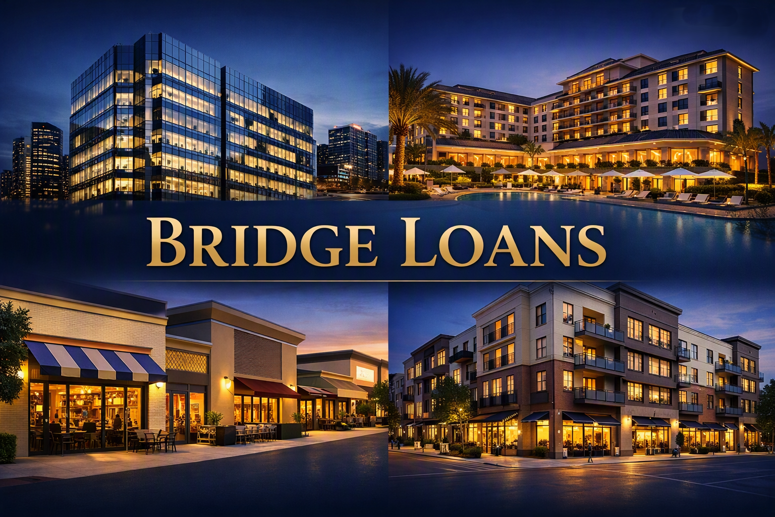 Bridge Loans Equal collage featuring an office building, retail center, hotel, and mixed‑use property with “Bridge Loans – Alliance Business Capital